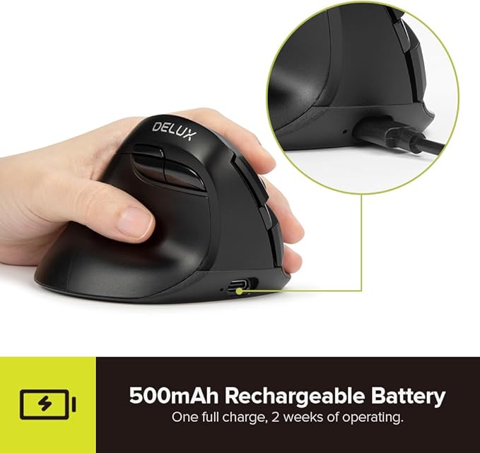 DELUX Left Handed Ergonomic Mouse Mini Wireless Vertical Mouse Silent Click Ergonomic Mouse Up to 4000 DPI 6 Buttons Rechargeable Bluetooth/2.4G/ Wired Tri-Mode for Laptop/PC (M618ZD-Black)