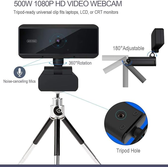 HD USB Webcam Auto Focus1080P Webcam with 360-Degree Swivel Noise Reduction Microphone Plug and Play USB Network Camera Video Calling and Recording for Computer Laptop