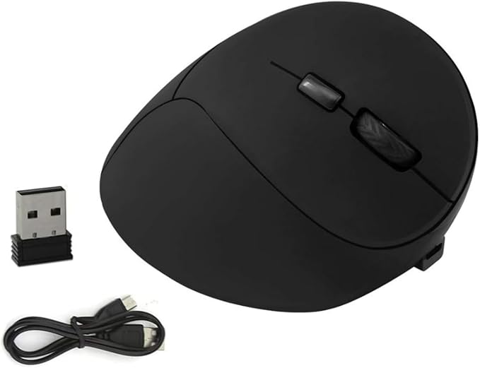 Ergonomic Vertical Wireless Rechargeable Mouse 2.4GHz 800/1200/1600 DPI 6 Buttons Pinky Finger Rest 123mm x 90mm x 72mm Black