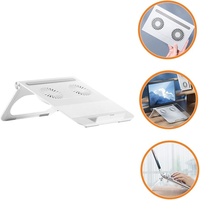 Laptop Stand with Dual Cooling Fans Stable Triangle Frame Non Slip Silicone Pads Foldable Notebook Holder with Storage for USB Memory Cards Compatible with Laptops
