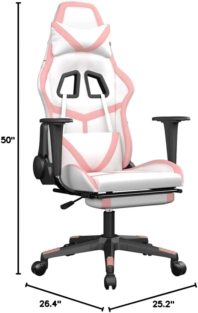 Massage Gaming Chair with Footrest White&ampPink Faux Leather