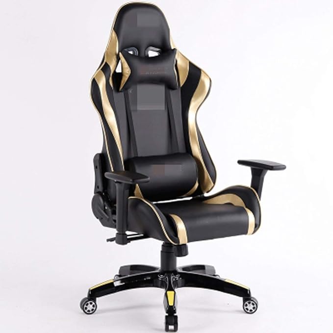 YYDS Chair Racing Style Gaming Chair Executive Ergonomic Swivel Chair with Headrest and Lumbar Pillow Lifting Handrail Esports Chair Ergonomically (Color : Gold Size : Steel feet)