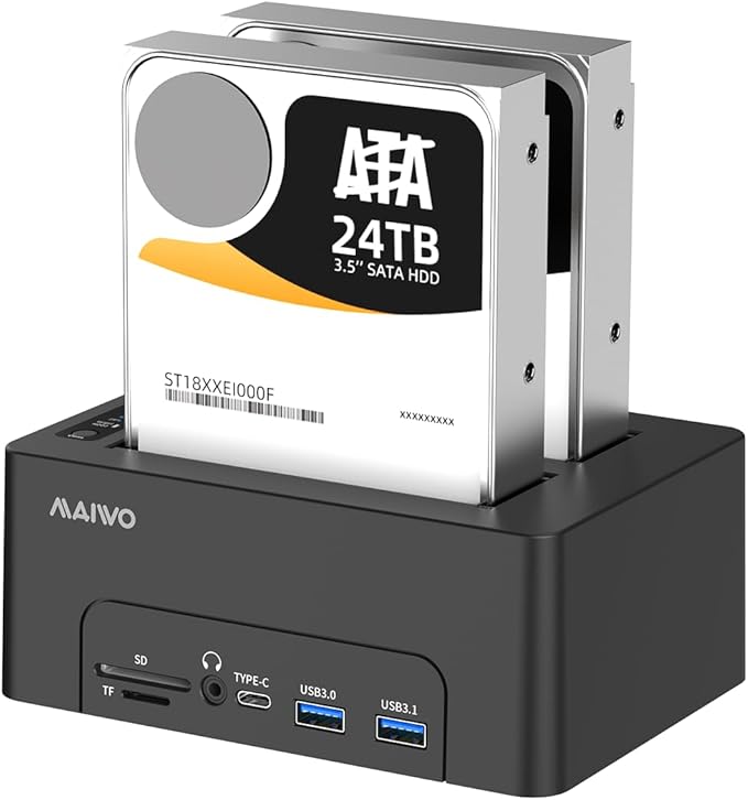 MAIWO 2 Bay Hard Drive Docking Station for 2.5'' 3.5'' SATA HDD/SSD Duplicator Offline Cloner Type-C USB 3.1 HDD Dock with HDTV Port/4 USB Hub/Gigabit Ethernet/3.5mm Audio/BT5.0 SD TF Card Slot