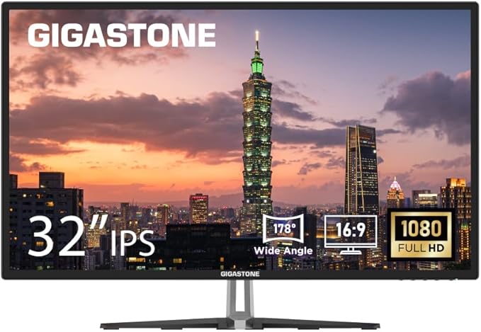 Gigastone 32 inch IPS LED Back Light Monitor 75Hz FHD 1920 x 1080 178° Wide View Frameless Computer Monitor 5ms Eye Care Technology Ergonomic Tilt VESA Mount HDMI VGA