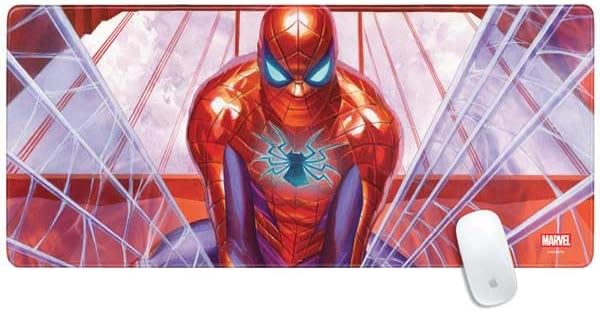 Skinit Extra Large Gaming Mouse Pad - Officially Licensed Web Slinger Design with Stitched Edges Waterproof Non-Slip Rubber Base Desk Mat for Keyboard &amp Mouse 35.75 x 15.4 inches