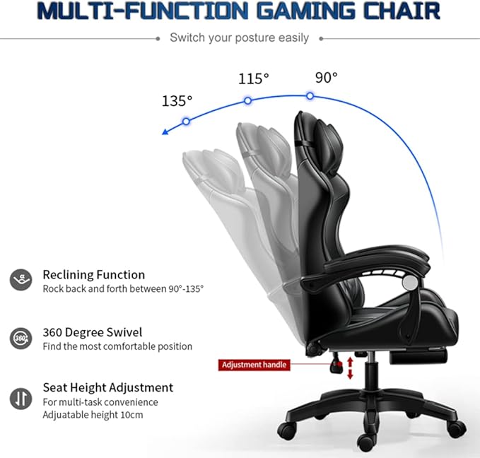 RGB Gaming Chair for Adults with Footrest and Massage Lumbar Pillow Swivel Height Adjustable Racing Reclining PU Leather LED Video Game Chair with Speakers E-Sports Gaming Chair