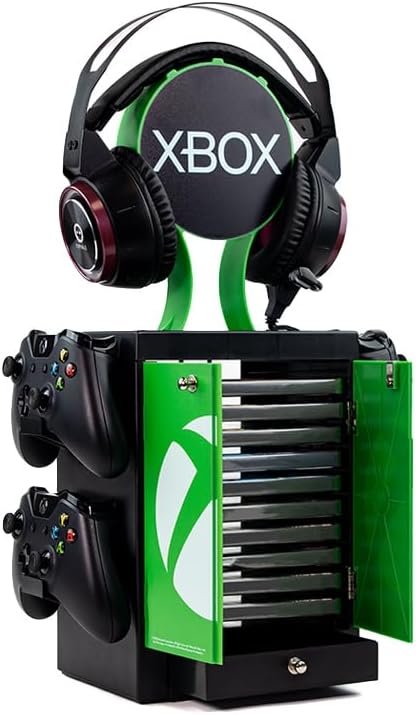 Numskull Official Xbox Gaming Accessory Locker &amp Storage Stand – Holds 10 Games/DVDs 4 Controllers Headset and Accessories – Durable &amp Compact Organizer – Official Xbox Merchandise