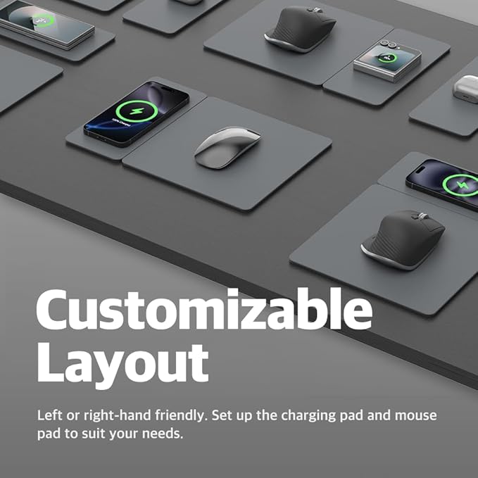 POUT H3 Split Wireless Charging Mouse Pad – Fast Qi Charger with Magnetic Attachment – Smooth Surface &amp Anti-Slip Base – Compatible with Smartphones and Earbuds (Dust Gray)