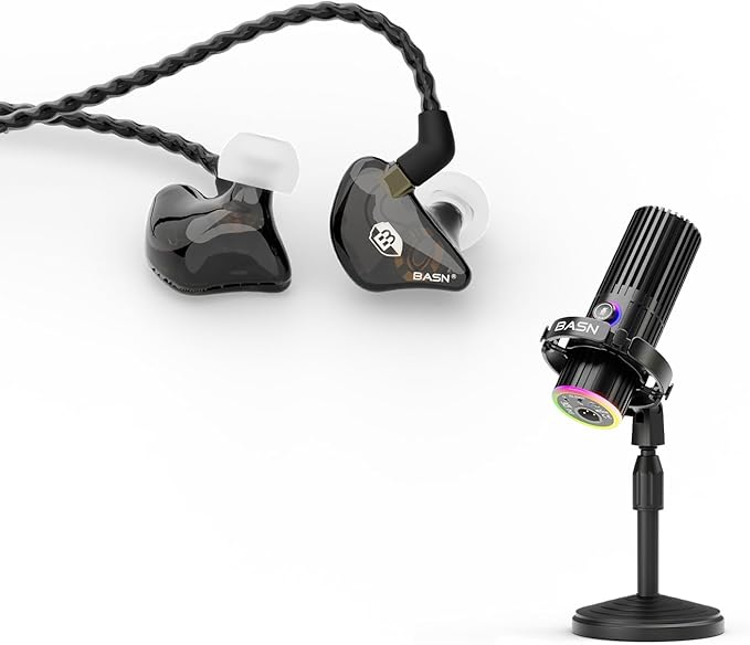 BASN USB/XLR SL2000 Dynamic Microphone and Bsinger 2nd Generation Dual Dynamic Drivers in Ear Monitor Headphones Set for Podcast Live Streaming Gaming Recording