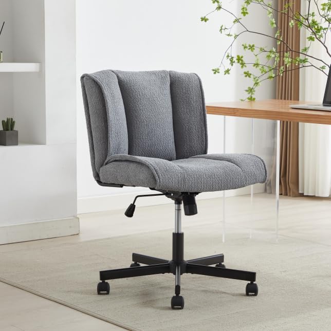 DHAEY Armless Office Chair Cross Legged Office Desk Chair No Wheels Fabric Padded Modern Swivel Height Adjustable Mid Back Wide Seat Computer Task Vanity Chair for Home Office Easy Assembly Gray