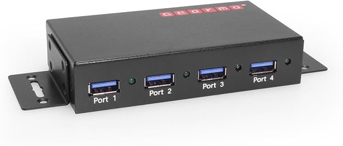 Gearmo 4 Port USB 3.0 Hub w/ESD and Surge Protection Wall and Desk Mount Ready USB-A Hub Includes 12V/2A Power Adapter and Terminal Block for Versatile Power Input