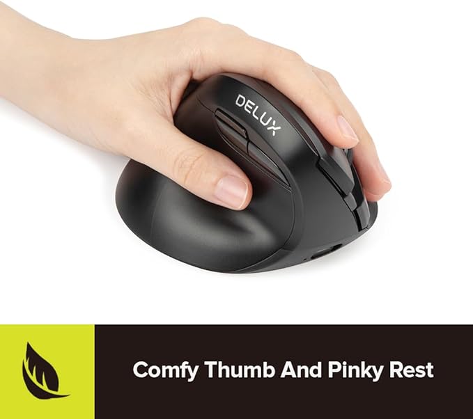 DELUX Left Handed Ergonomic Mouse Mini Wireless Vertical Mouse Silent Click Ergonomic Mouse Up to 4000 DPI 6 Buttons Rechargeable Bluetooth/2.4G/ Wired Tri-Mode for Laptop/PC (M618ZD-Black)