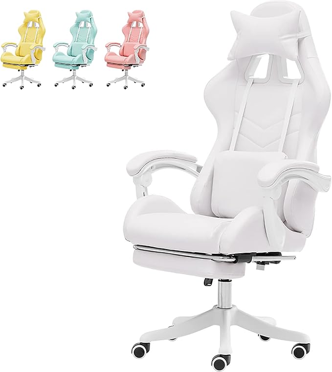 Cute Gaming Chair with Footrest High Back Video Game Chairs Kawaii PU Leather Gamer Chair with Lumbar Support and Headrest Computer Chair for Girls Adults &amp TeensWhite