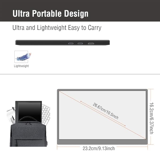 Portable Monitor for Laptop 10.5 Inch Computer Gaming Display Metal Enclosure Mobile Display External Display for Xbox PS4 Phone with Speakers Type-C USB-C HDMI IPS FHD 1280P LED Screen