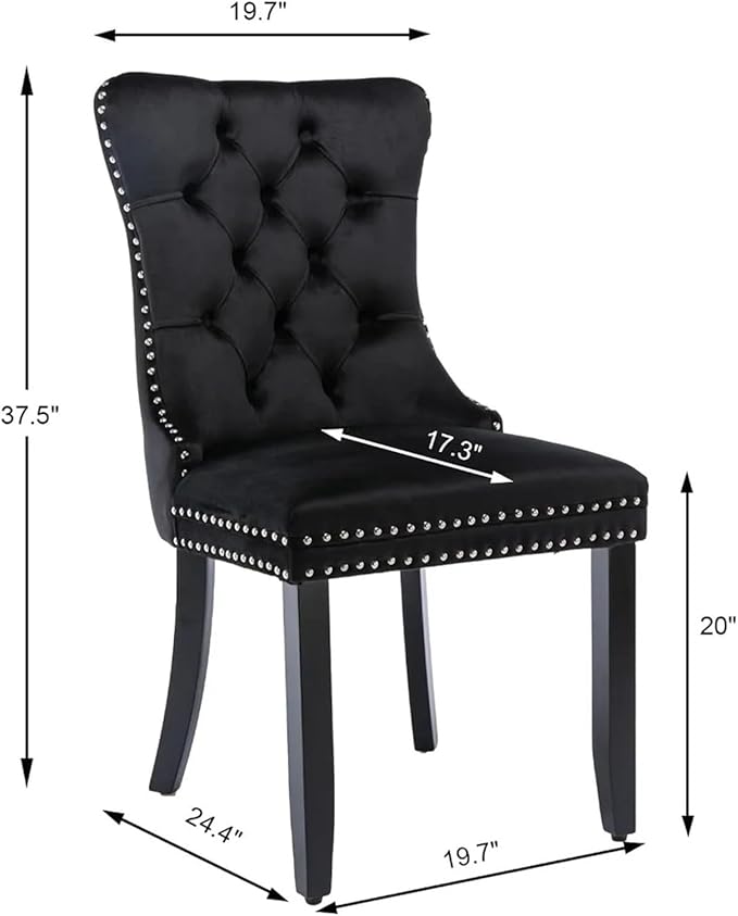 Adjustable Office Computer Chair with Armrest 1pcs Black Velvet Upholstered Dining Chairs with Ring Pull Trim and Solid Wood Legs