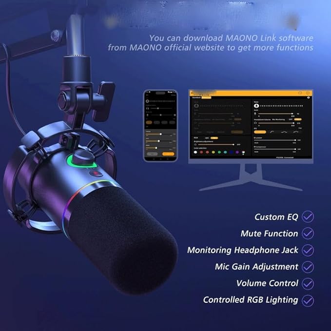 Dynamic Microphone/USB Mode Dynamic Mic Podcast Mic with Software and Gain Knob for Recording (D As Shown)
