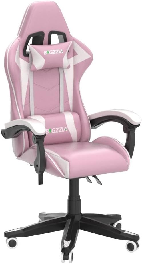 Bigzzia Gaming Chair Ergonomic Video Game Chairs with Pillow and Lumbar Support Racing Style Height Adjustable Computer Chair with 360°-Swivel Seat for Adults and Teens (Pink)