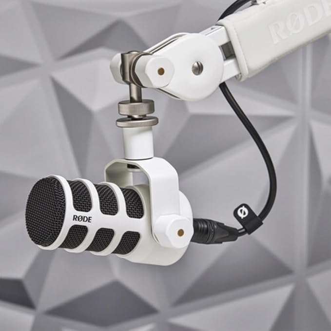 Rode PodMic Dynamic Podcasting Microphone | White Bundle with Pop Filter + Desktop Microphone Stand + XLR Cable + Cleaning Cloth (5 Item)