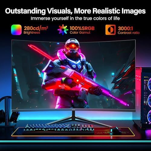 ZZA 27 Inch Curved Gaming Monitor 200Hz|180Hz|144HZ 1ms FHD 1080P Computer Screen FreeSync|130% sRGB|HDR|Low Blue Light|HDMI DP Ports|VESA Mount|Metal Stand