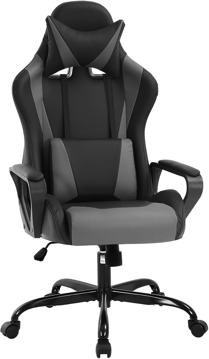 Gaming Chair High-Back Office Chair Ergonomic Video Game Chairs Height Adjustable Reclining Computer Chair with Lumbar Support Armrest Headrest Swivel Chair Game Chair for Adult Teen - Grey