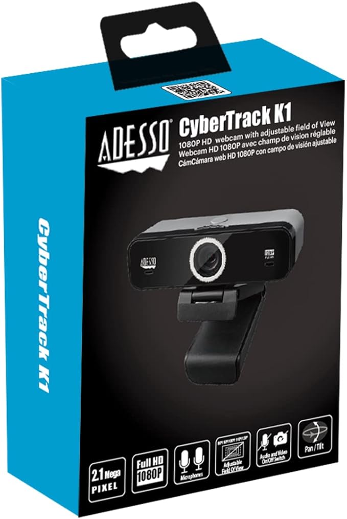 Adesso CyberTrack K1 1080P Full HD Fixed Focus USB Webcam with Adjustable View Angle Built-in Dual Microphones Privacy Shutter Audio/Video Mode Privacy ON/Off Switch &amp Tripod Mount