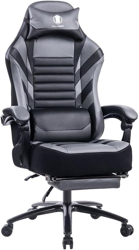 Gaming Chair with Foot Rest Ergonomic High Back Computer Chair with Massage Lumbar Support Swivel PU Video Racing Office Height Adjustable Height for Office Bedroom (Grey)
