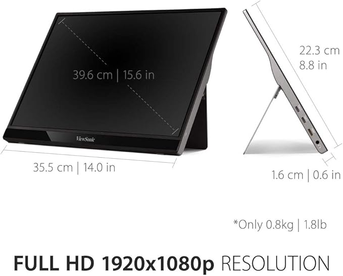ViewSonic VG1655 15.6 1080p Portable Monitor w/ 2 Way Powered 60W USB C IPS Eye Care Dual Speakers Built in Stand w/Cover (Renewed)
