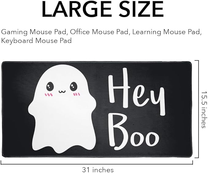 Hey Boo Cute Kawaii Ghost Large Gaming Mouse Pad Desk Mat with Stitched Edges Non-Slip Base for Gamer Home and Office