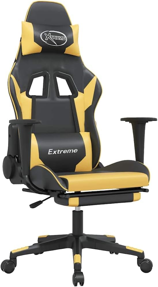 Black and Gold Faux Leather Gaming Chair with USB Massage 160-Degree Recline Adjustable Armrests and Retractable Footrest for Ergonomic Support and Relaxation