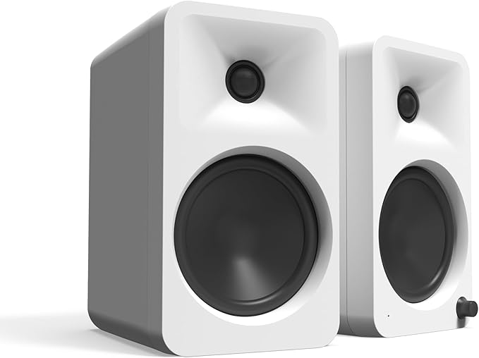 Kanto ORA4MW Pro Audio Bluetooth Desktop Speakers - Matte White Pair with a SUB8VMB Sealed Powered 8 Subwoofer - Vinyl Black (2024)
