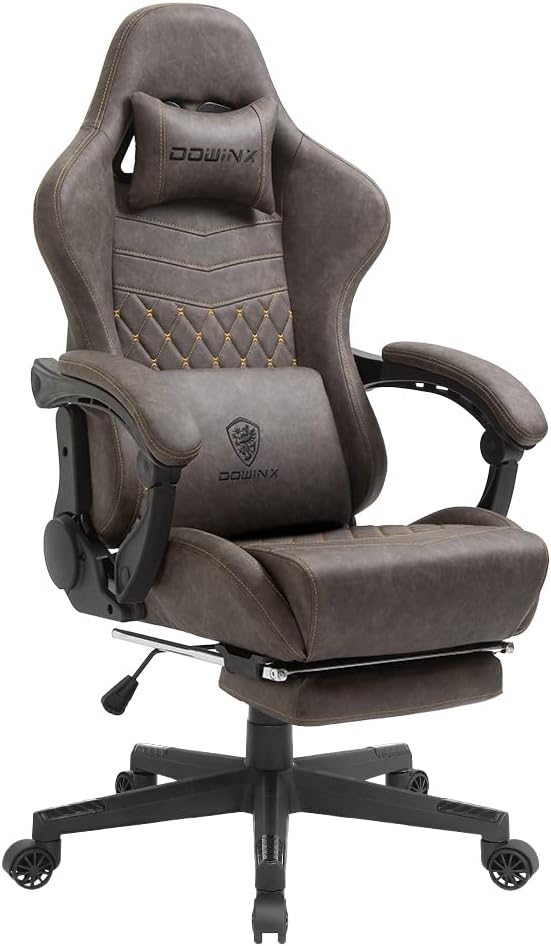Dowinx Gaming Chair Office Chair PC Chair with Massage Lumbar Support Vintage Style PU Leather High Back Adjustable Swivel Task Chair with Footrest (Brown)