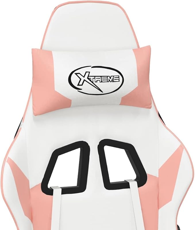 vidaXL Massage Gaming Chair for Adult Reclining Computer Chair with Footrest and Headrest Height Adjustable Office Chair with 360°-Swivel Castors White and Pink Faux Leather