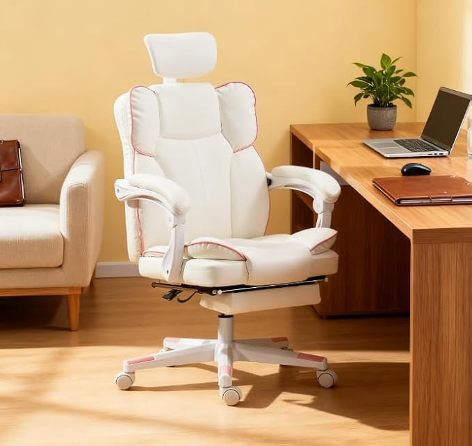 Modern Gaming Office Chair with Recliner &amp Footrest - Ergonomic High-Back PU Leather Chair (300lbs Capacity White)