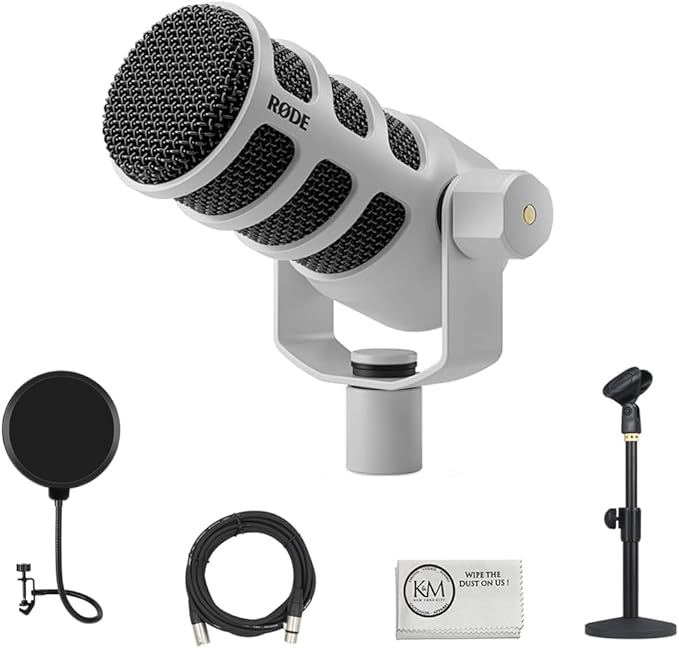 Rode PodMic USB and XLR Dynamic Podcasting Microphone | White Bundle with Pop Filter + Desktop Microphone Stand + XLR Cable + Cleaning Cloth (5 Item)