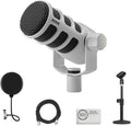 Rode PodMic USB and XLR Dynamic Podcasting Microphone | White Bundle with Pop Filter + Desktop Microphone Stand + XLR Cable + Cleaning Cloth (5 Item)
