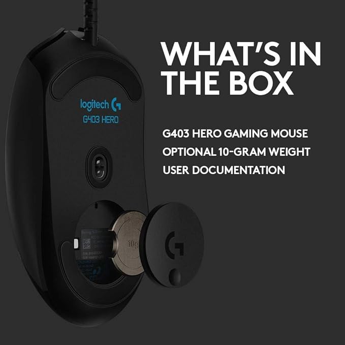 Logitech G403 Hero 25K Gaming Mouse Lightsync RGB Lightweight 87G+10G Optional Braided Cable 25 600 DPI Rubber Side Grips Black