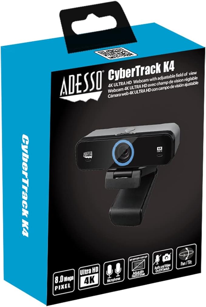Adesso CyberTrack K4 4K Ultra HD Fixed Focus USB Webcam with Adjustable Field of View Angle Built-in Dual Microphones Privacy Audio/Video Switch &amp Tripod Mount
