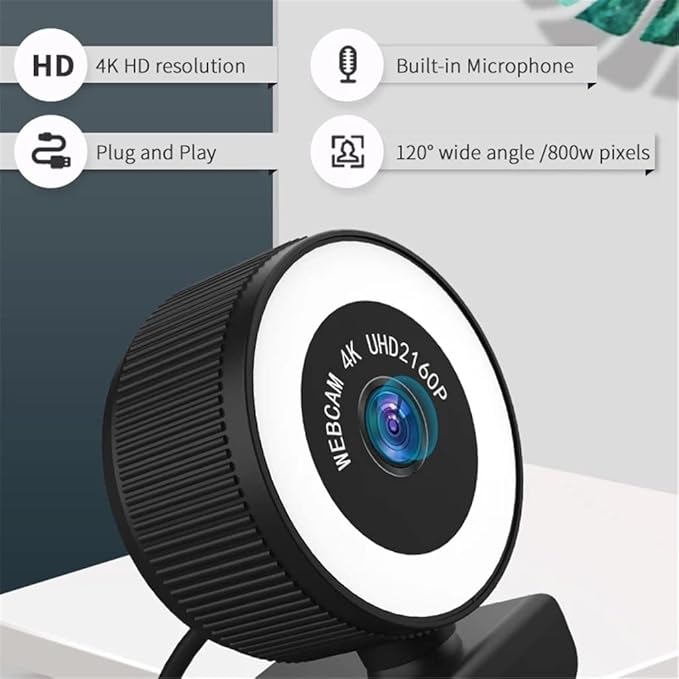 Webcam 4k Web Camera Adjustable Brightness Fill Lamp with Microphone for Computer Video Calling Conference Work