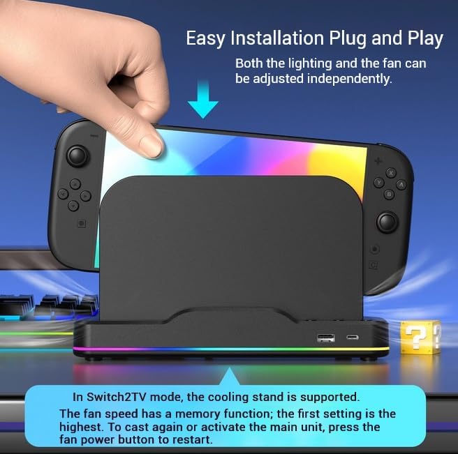 [New - 2-in-1] Cooling Base/Dust Cover for Switch 2Dual Fan Heat Dissipation Adjustable air Speed with RGB lamp USB-A 2.0 Port (Cooling Base + Dust Cover)