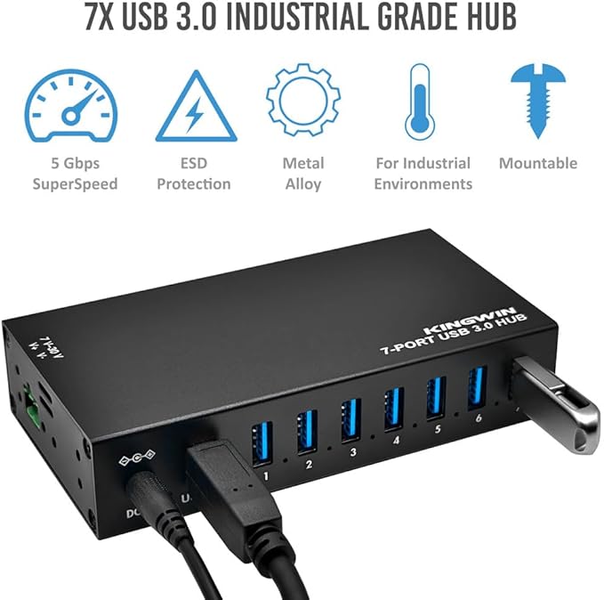 Kingwin 7-Port USB 3.0 Hub Offers 5Gbps speeds Powered Expansion and a Durable mountable Aluminum Design. Ideal for PC Laptop POS and Server Racks. Plug &amp Play.