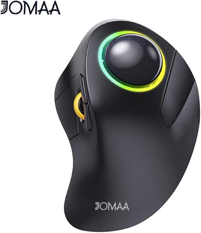 JOMAA Wireless Bluetooth Computer Trackball Mouse with RGB BacklightFinger Control 3 Device Switch Silent Rechargeable Ergonomic Drawing Office Mouse for Laptop Desktop Computer Tablet Phone
