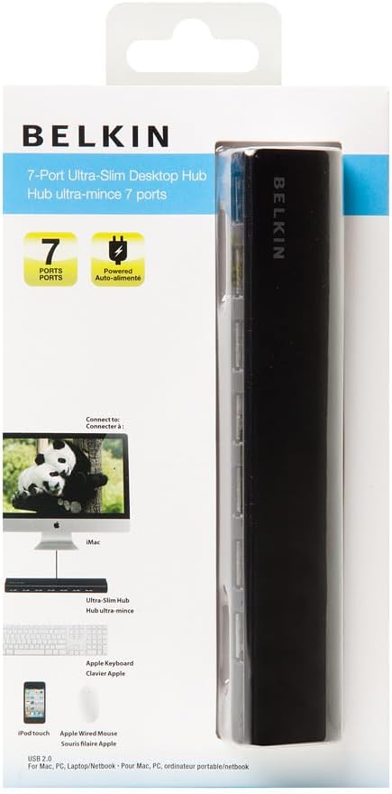 Belkin 7-Port Ultra-Slim Desktop USB Hub - Desktop USB Hub 2.0 - 7 Hi-Speed USB Ports - Compatible With MacOS &amp Windows For Connecting Charging Cable Keyboard Mouse &amp Any USB-Enabled Devices