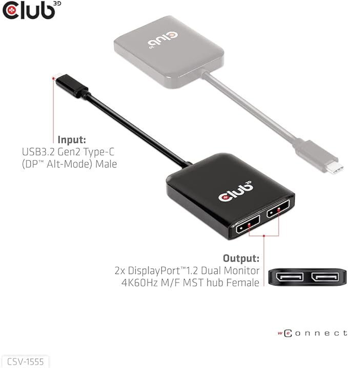 Club 3D CSV-1555 USB3.2 Gen2 Type-C(DP Alt-Mode) to DisplayPort Dual Monitor 4K60Hz M/F MST hub
