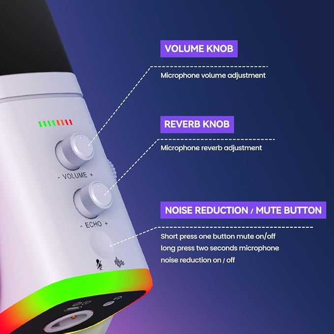 USB/XLR Desktop Dynamic Microphone with RGB Light Noise Reduction &amp Mute Button for Podcast Recording PC Computer Gaming Streaming Mic with RGB Light Mute Button Headphones Jack (White)