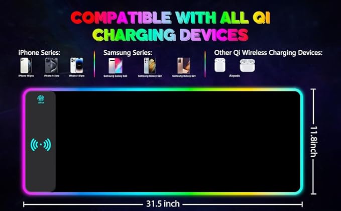 RGB Gaming Mouse Pad with Wireless Charging Large LED Mouse Pad with 10 Light Modes Extended Keyboard Pad Non-Slip Rubber BaseWaterproof Desk Pad for Home Office Black