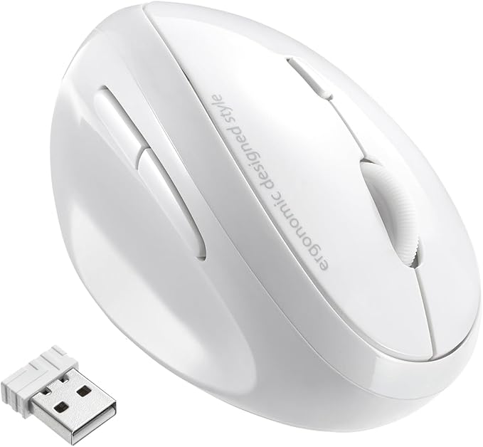 SANWA 2.4G Wireless Left Handed Mouse Ergonomic Left Hand Vertical Mouse for Small Medium Hands 5 Buttons 800/1200/1600 DPI Blue LED Sensor Compatible with Laptop PC Mac Windows White