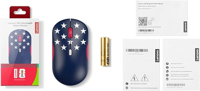 Lenovo 350 Bluetooth Silent Mouse (Fan Edition) Wireless Ergonomic Ambidextrous Design Bluetooth 5.3 Adjustable DPI up to 2400 36 Month Battery Life Recycled Materials USA Flag