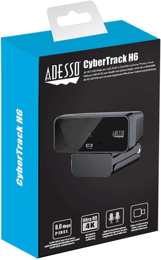 Adesso Cybertrack H6 4K Ultra HD USB Webcam with Built-in Dual Microphone &amp Privacy Shutter Cover Black