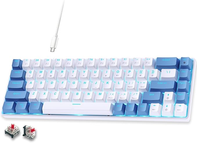 abucow 65% Mechanical Gaming Keyboard Red Switch Wired Compact Keyboard with Blue Backlight Swappable Blue White Keycaps for Windows/Mac