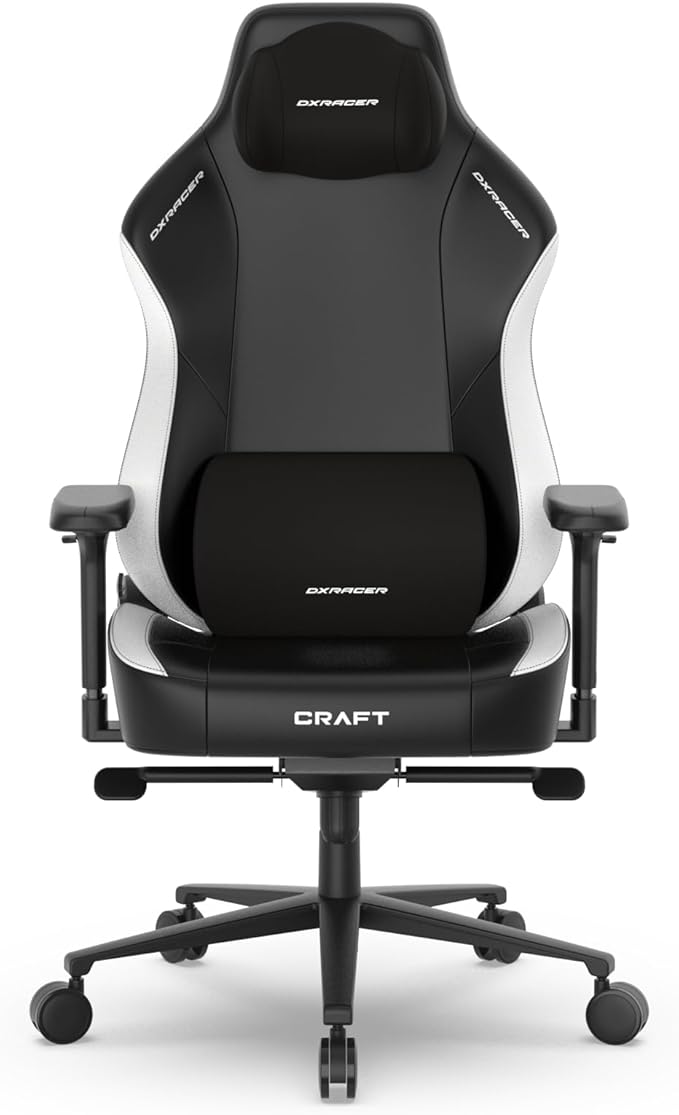 DXRacer Craft XL Video Gaming Chair for Adults Ergonomic Office Reclining Computer Chair with Magnetic Head Pillow and Lumbar Support Racing Style Height Adjustable (EPU Leatherette Black White)
